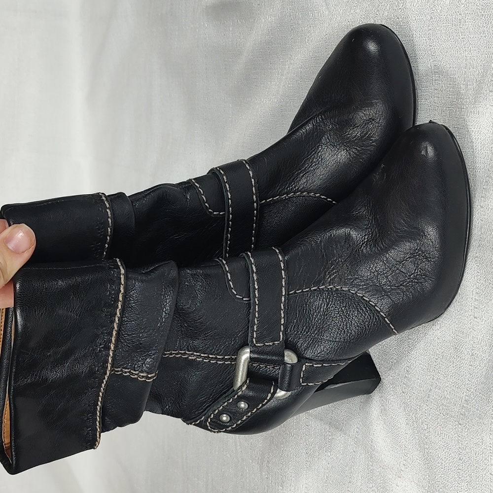 Fossil Leather Ankle Slouchy Boots Fold Heeled Booties Side Zip Womens Size 7.5